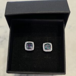 18K White Gold Plated Mystic Topaz Halo 6MM Stud Earrings NEW!